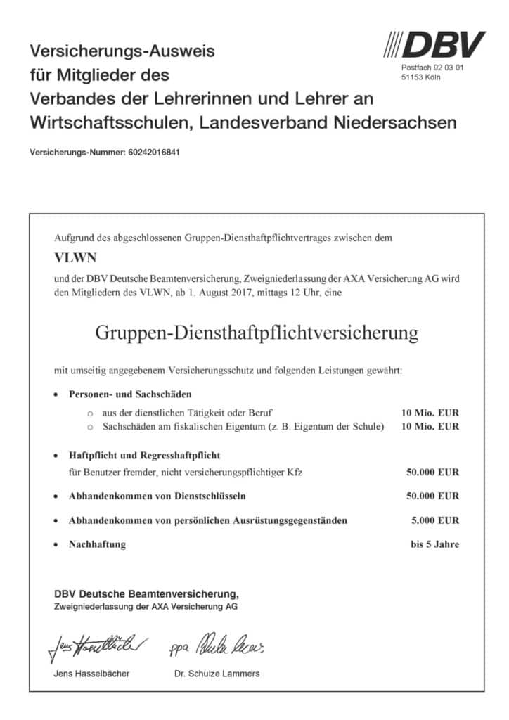 Versicherungsschein für VLWN Mitglieder, Gruppen-Dienstpflichtversicherung.