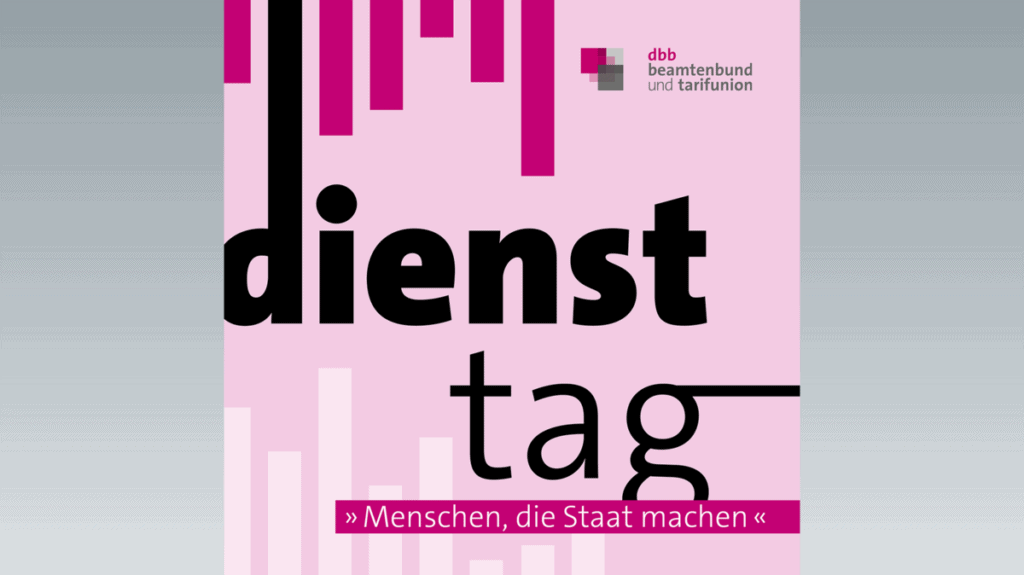 Logo des Dienstags mit pinkem Design und Text "Menschen, die Staat machen".