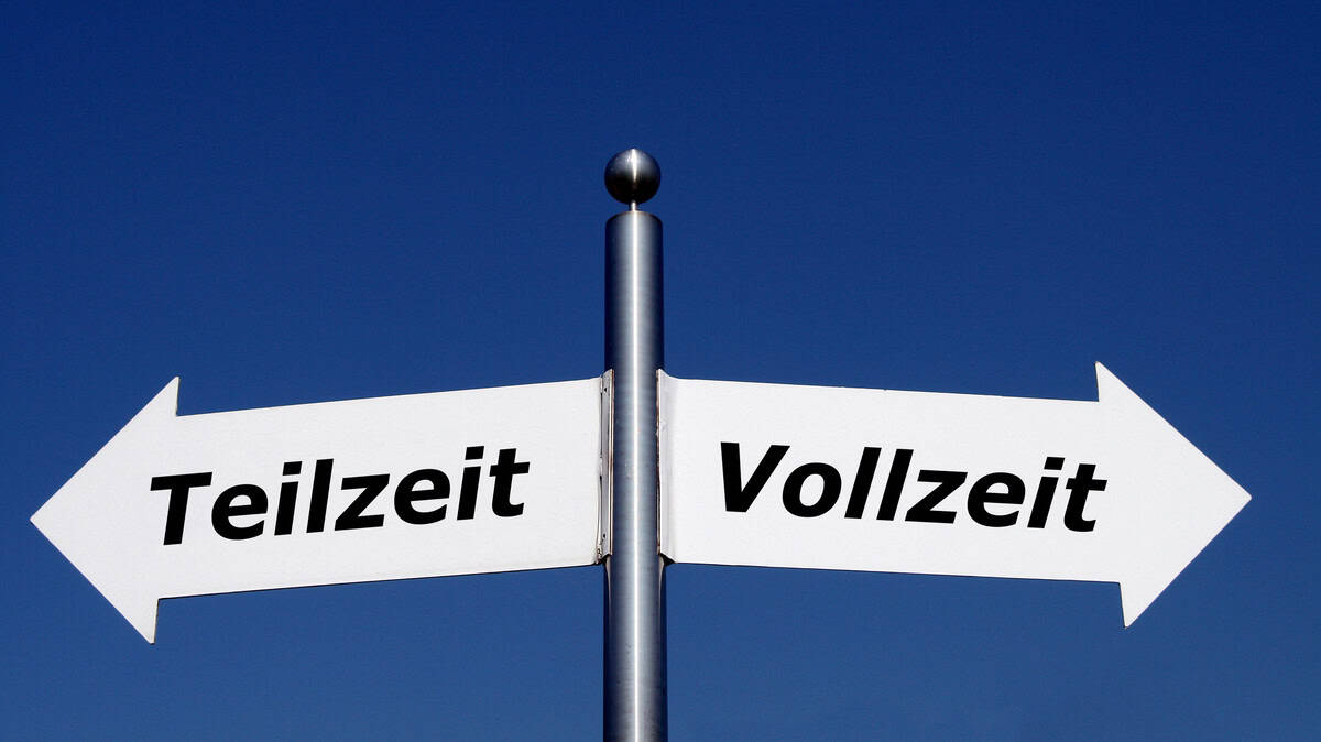 Wegweiser mit "Teilzeit" und "Vollzeit" gegen blauen Himmel, symbolisiert Arbeitszeitwahl.